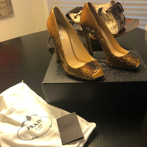 Prada Gold Bronze Sequin Peep Toe Heels 39 - Picture 2 of 7